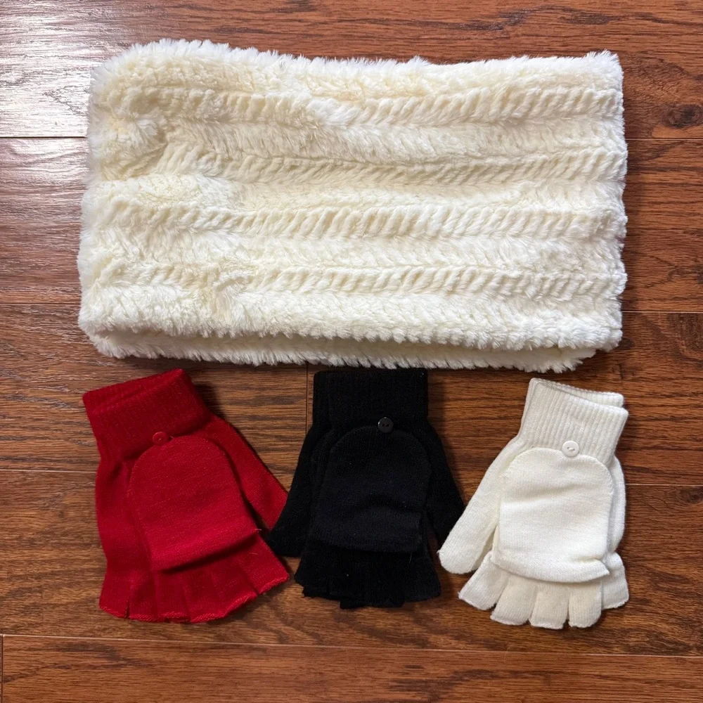 Faux Fur Infinity Scarf and Glittens Set - Red, White/Cream, Black